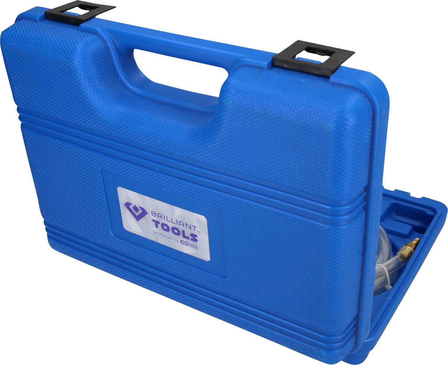 Mallette à outils bleue avec poignée de transport, s'ouvrant sur le côté. Contient des tuyaux et des accessoires. Autocollant 'Brilliant Tools' sur le côté.