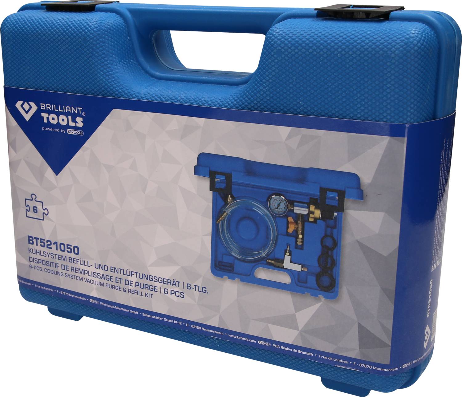 Une mallette à outils bleue de la marque Brilliant Tools, modèle BT521050, contient un système de remplissage et de purge de circuit de refroidissement avec 6 pièces.