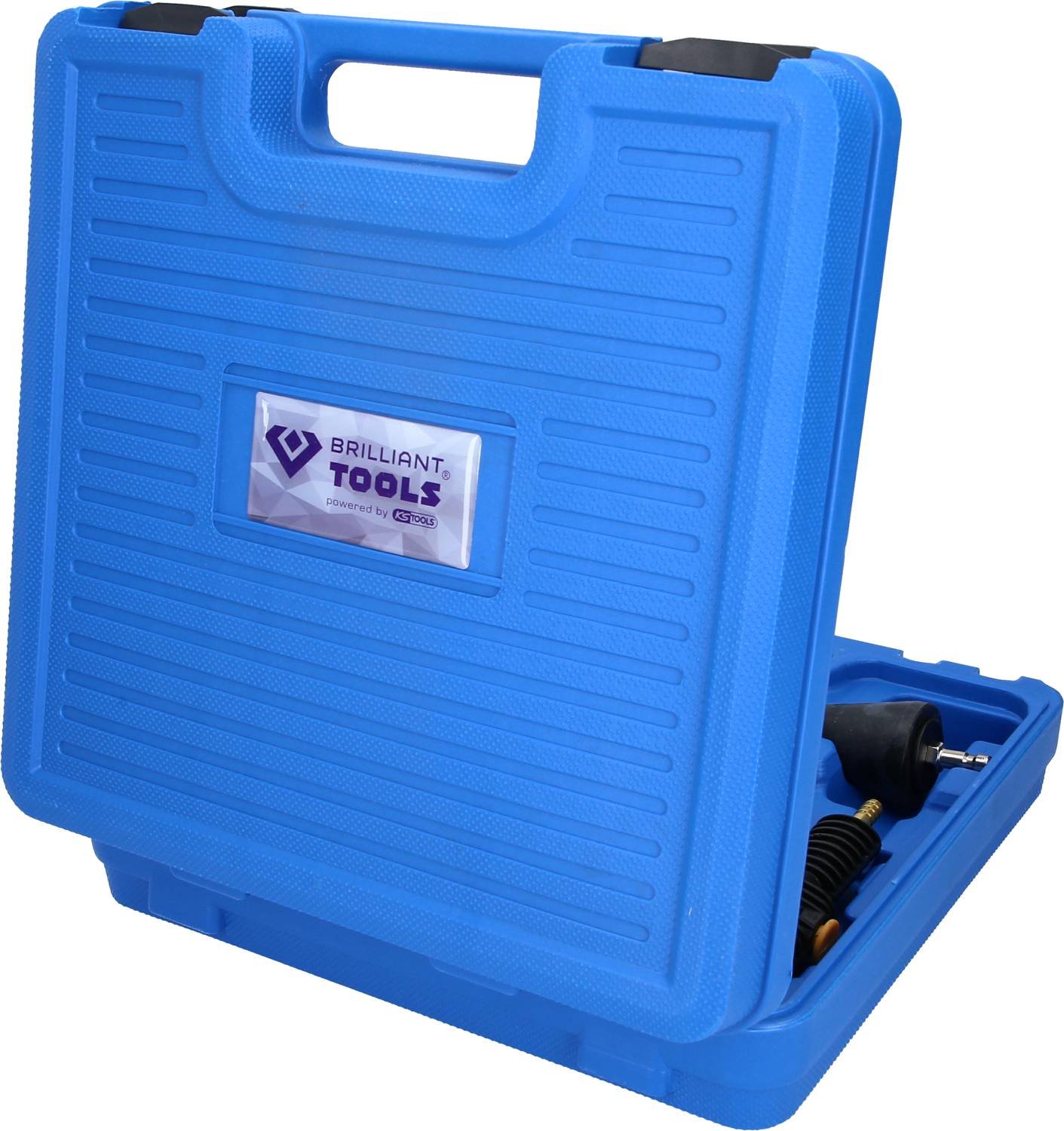 Une valise en plastique bleue avec une poignée de transport et une étiquette 'BRILLIANT TOOLS'.