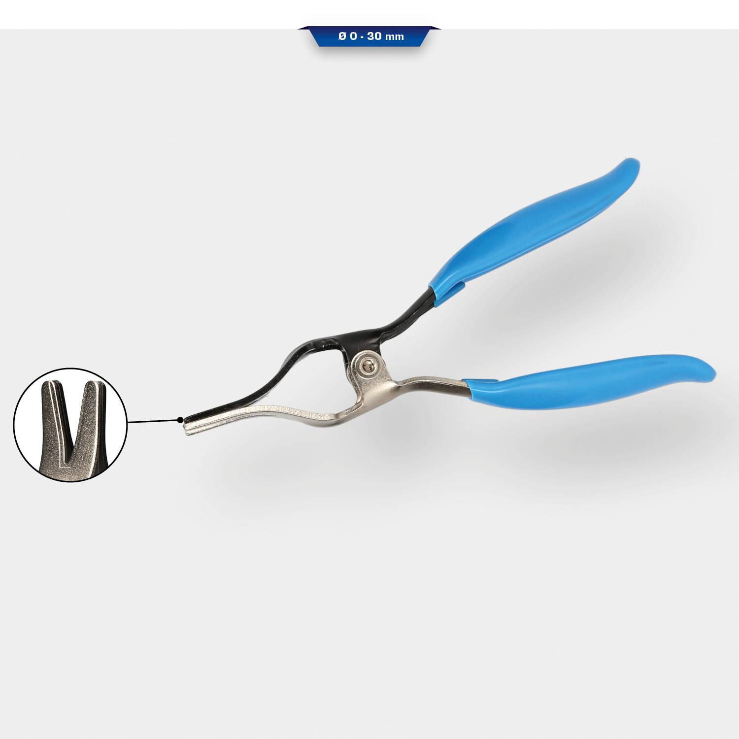 Pince avec poignées bleues, vue détaillée de la pince montrant une forme en V. Adaptée pour une plage de travail de 0-30 mm.