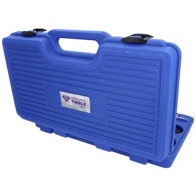 Une valise en plastique bleue avec une poignée et deux fermetures noires. Étiquette 'Brilliant Tools' visible à l'avant.
