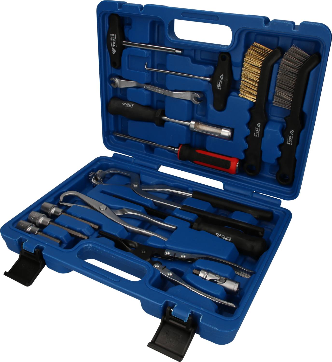 Une valise bleue contenant divers outils automobiles, tels que des clés à molette, des pinces et des brosses métalliques, soigneusement rangés.