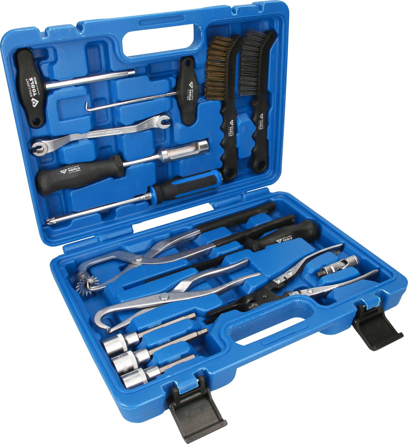 Coffret à outils bleu contenant divers outils manuels, tels que des clés, des pinces et des brosses métalliques, soigneusement rangés.