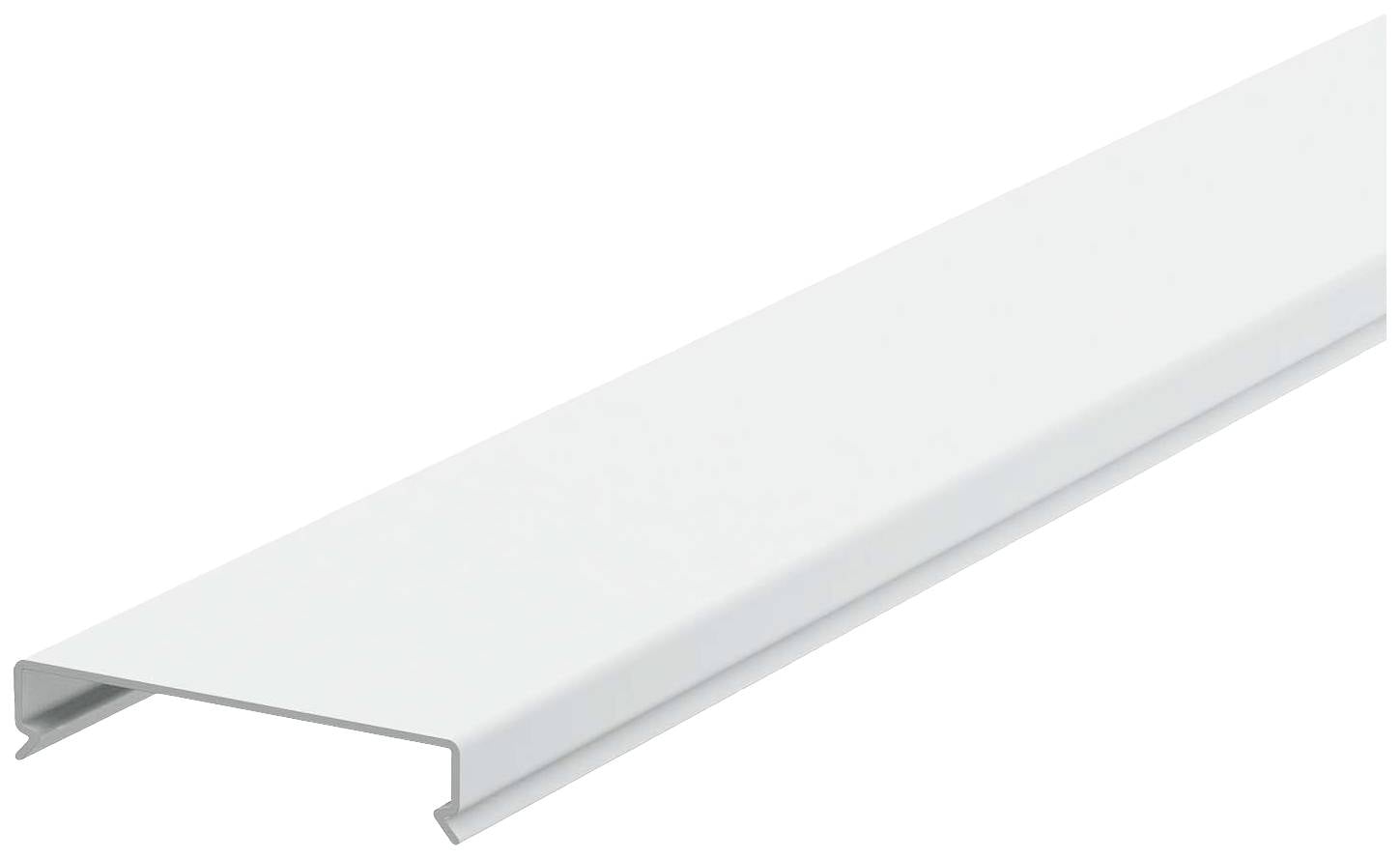 Baguette blanche et plate en plastique, avec une section transversale en forme de L, souvent utilisée comme finition de bords ou pour couvrir des joints.