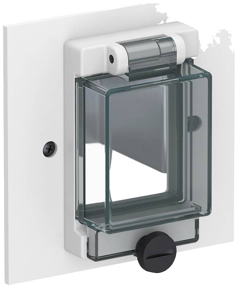 Couvercle de commutateur en plastique transparent sur une plaque murale blanche, avec un verrou rotatif noir en bas pour sécuriser l'accès.