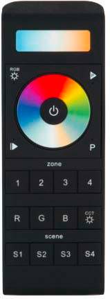 Télécommande noire pour la commande d'éclairage LED avec roue de couleur, pavé numérique et touches de scènes pour personnaliser l'éclairage.