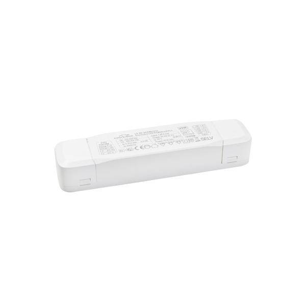 Un dispositif électronique rectangulaire blanc avec des spécifications techniques et des symboles sur sa surface supérieure.