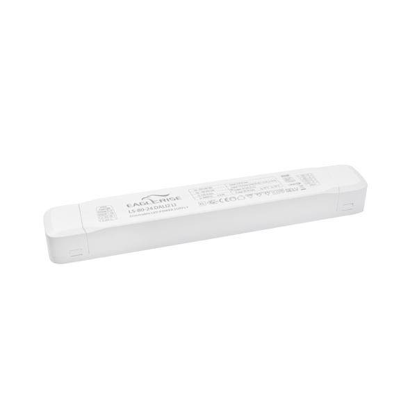 Dispositif de pilotage électronique LED, rectangulaire, blanc, avec spécifications techniques et informations du fabricant sur la face supérieure.