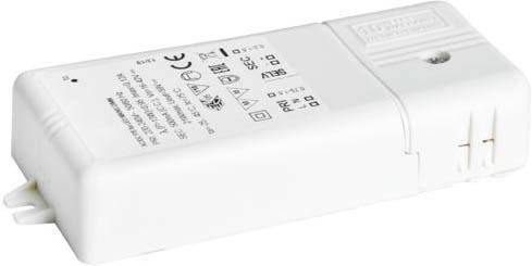Transformateur LED électronique dans un boîtier blanc, avec des informations techniques et des certifications de sécurité sur le dessus.