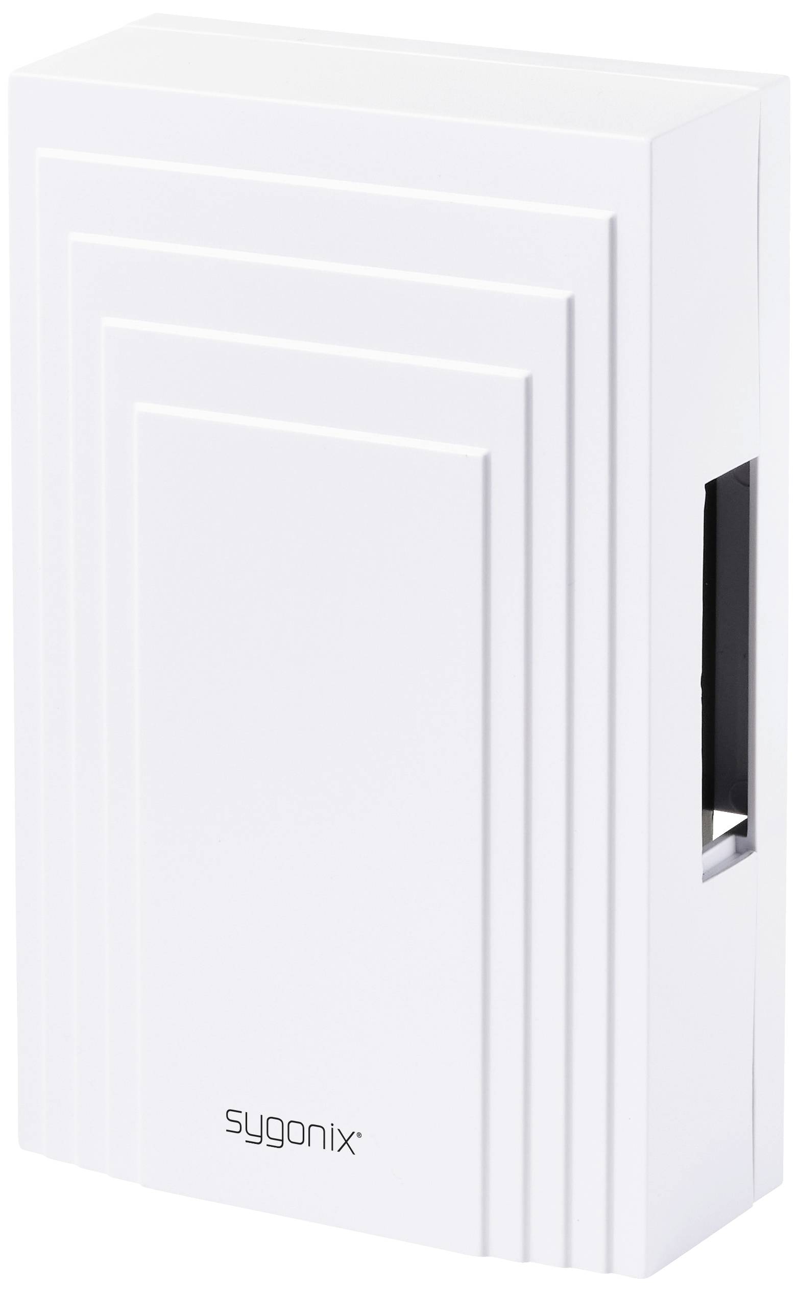 Un moniteur de qualité de l'air Sygonix blanc à la forme rectangulaire moderne. Appareil permettant de mesurer la qualité de l'air intérieur.