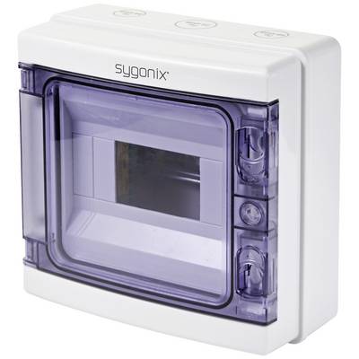 Boîte en plastique blanc avec couvercle transparent. Elle contient un évidement pour les composants électriques. Le mot 'sygonix' est inscrit sur le dessus.