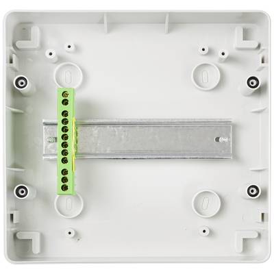 Boîtier en plastique blanc avec bloc de connexion vert et rail métallique à l'intérieur, montrant un boîtier vide pour composants électroniques.