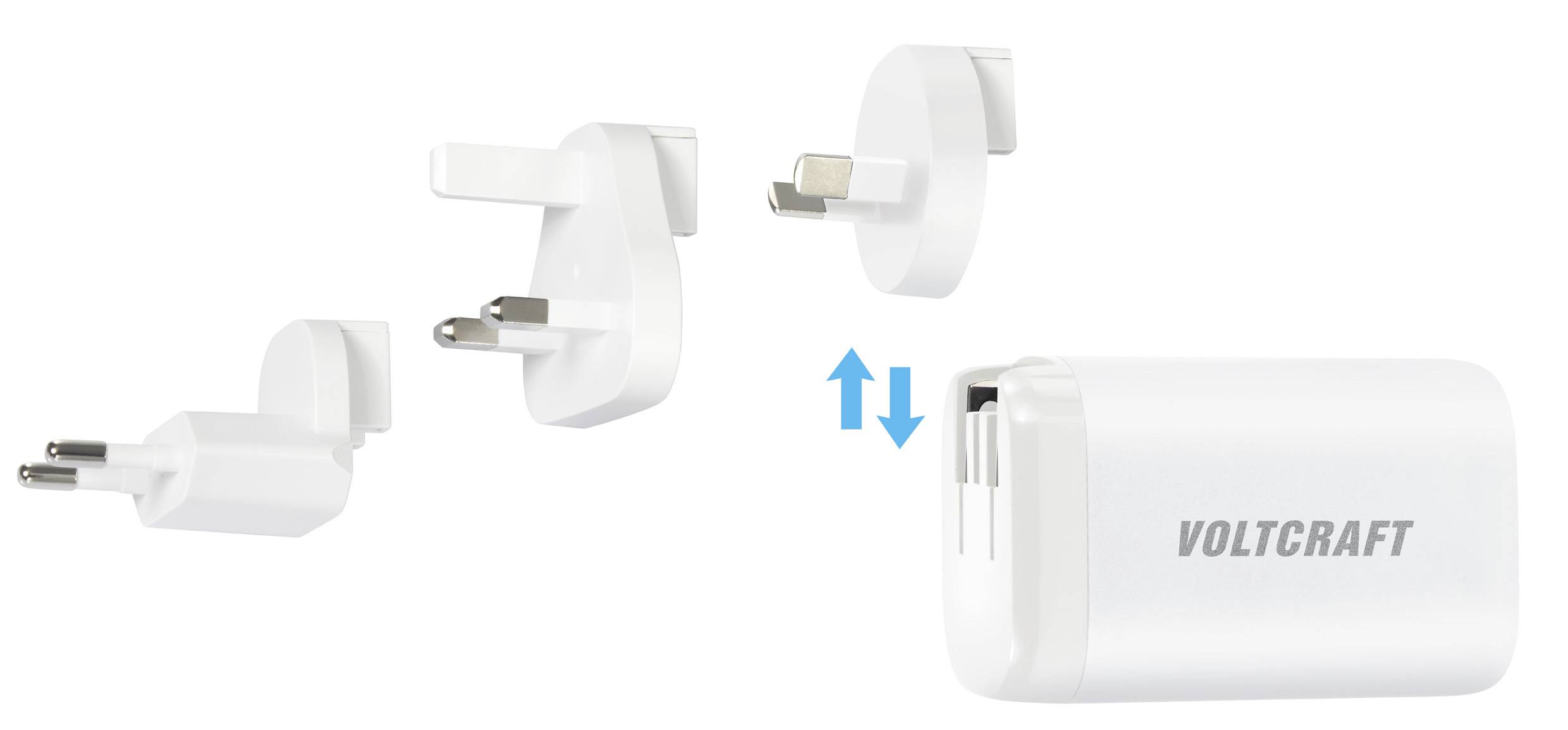 Bloc d'alimentation avec adaptateurs interchangeables pour différents pays. Comprend des adaptateurs pour l'UE, le Royaume-Uni et les États-Unis. Marqué 'VOLTCRAFT'.