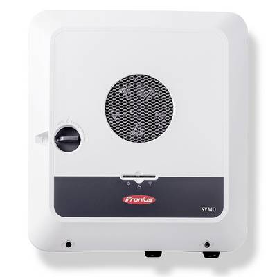 Appareil blanc carré avec un ventilateur gris au centre, avec le logo 'Fronius' et le nom de modèle 'SYMO' en dessous.