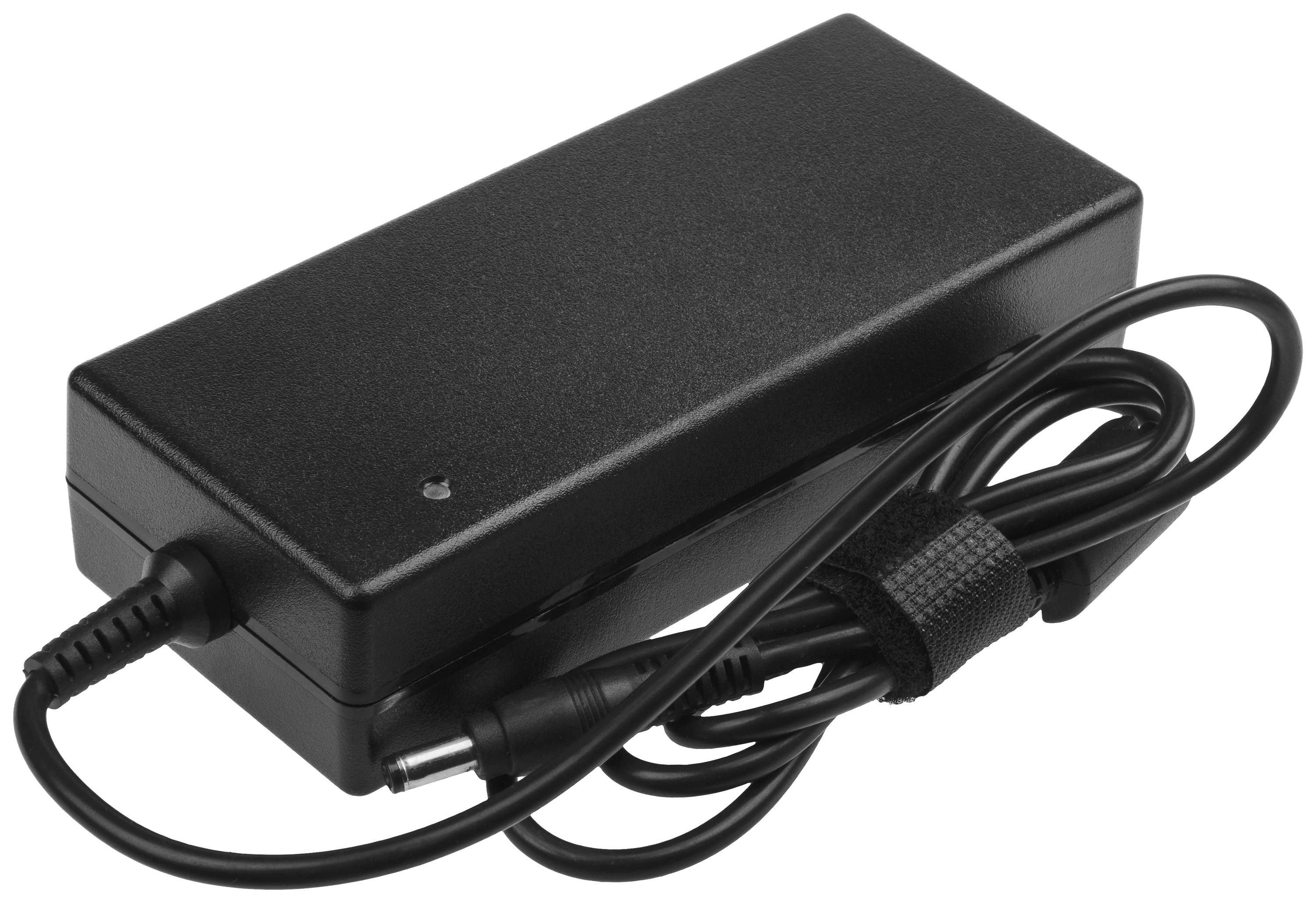 Un chargeur d'ordinateur portable noir avec un câble connecté, enroulé et maintenu par une sangle auto-agrippante.