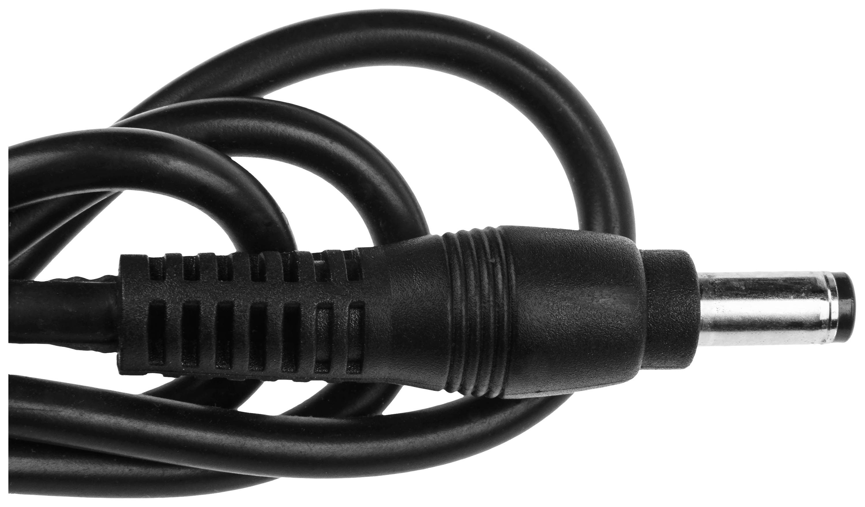 Câble réseau noir avec fiche cylindrique, présenté sur un fond blanc.