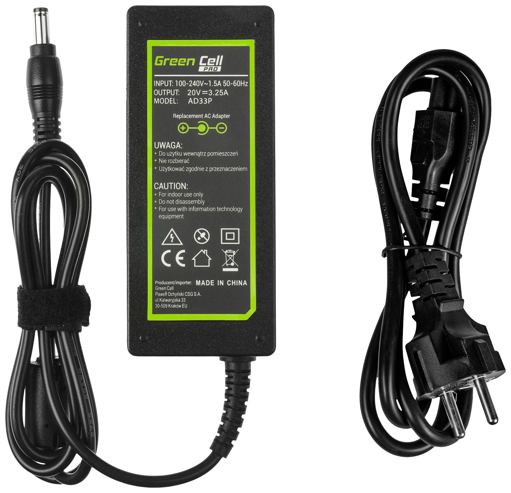 Un bloc d'alimentation noir avec un câble d'alimentation amovible. L'étiquette indique les spécifications techniques : Entrée 100-240V, Sortie 20V-3,25A.