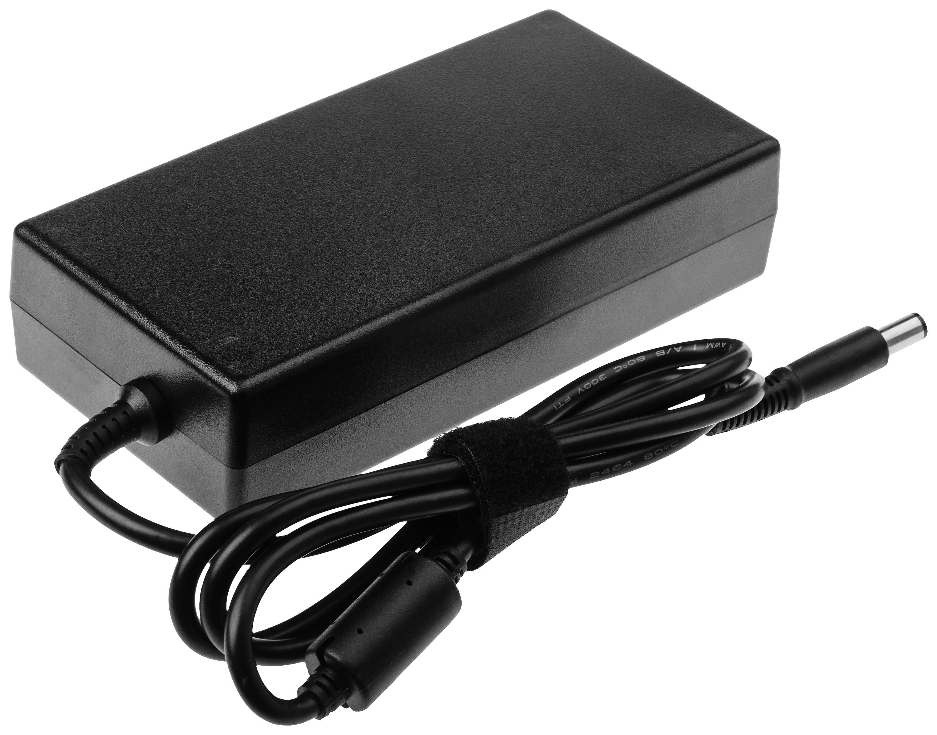 Adaptateur secteur noir avec câble d'alimentation connecté, adapté aux appareils électroniques tels que les ordinateurs portables, montrant la connexion et l'enrouleur de câble.