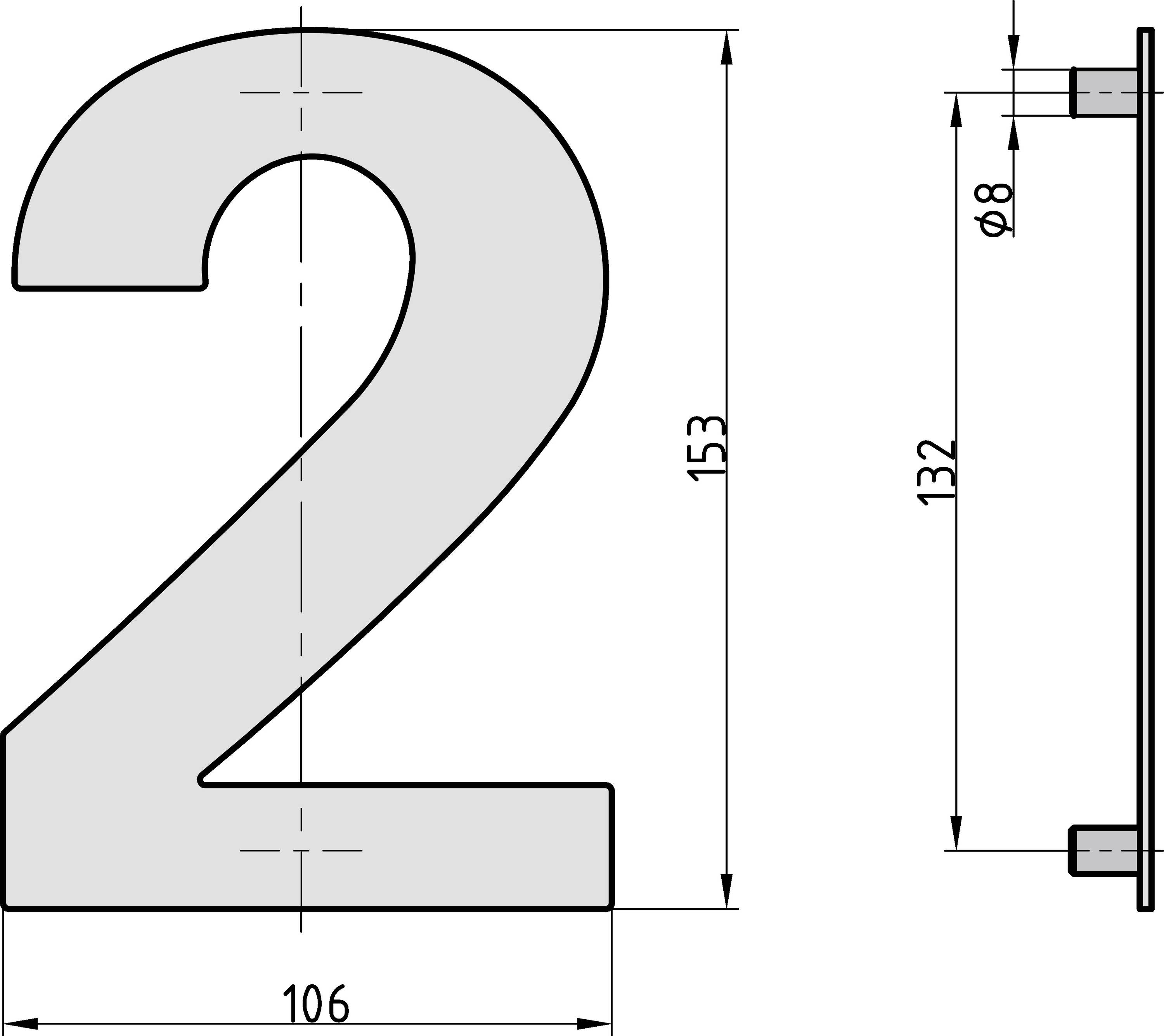 Dessin technique du chiffre 2 avec dimensions : Hauteur 153 mm, Largeur 106 mm, Vue latérale Hauteur 132 mm et Diamètre du trou 8 mm.