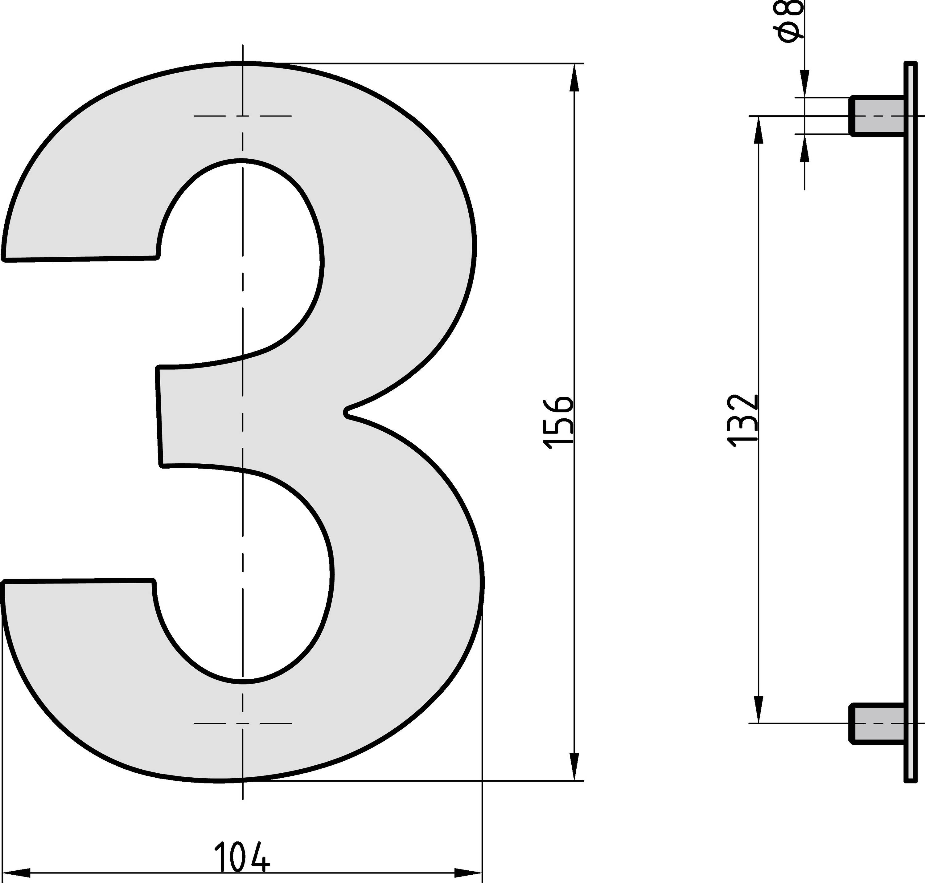 Dessin technique d'un chiffre 3. La largeur est de 104 mm, la hauteur de 156 mm. La vue latérale montre une profondeur de 8 mm.