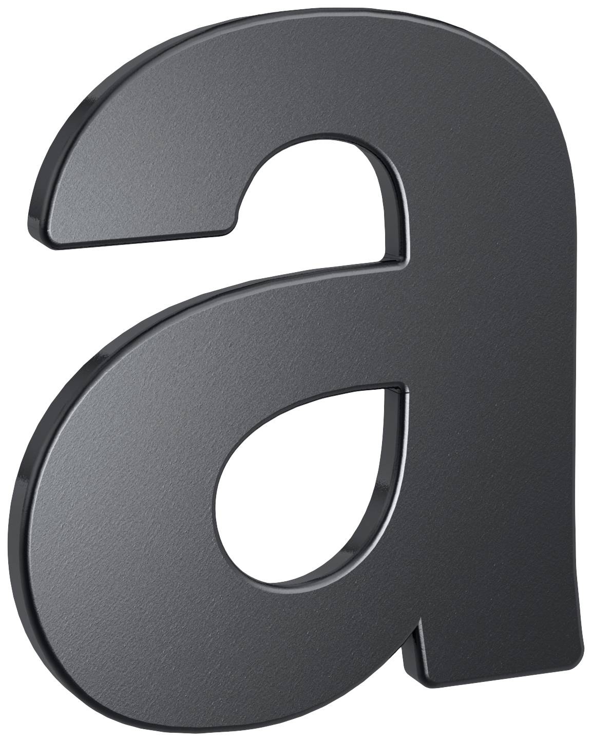 La lettre 'a' stylisée, tridimensionnelle, en gris foncé, debout, avec un effet d'ombre.