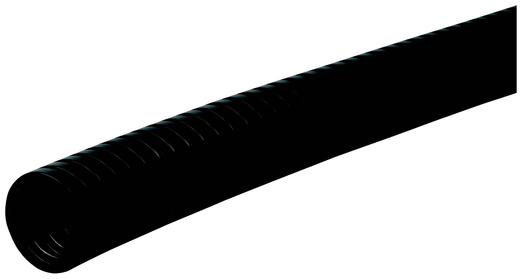 Un tuyau noir flexible en gros plan, légèrement incurvé vers la droite. Surface texturée, sans raccords visibles.