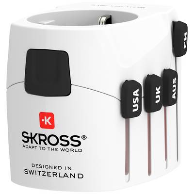 Adaptateur de voyage SKROSS, avec boîtier blanc et interrupteurs noirs, compatible avec les États-Unis, le Royaume-Uni, l'Australie et la Suisse. Conçu en Suisse.