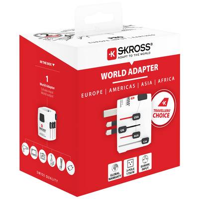 Adaptateur de voyage Skross pour l'Europe, l'Amérique, l'Asie et l'Afrique. Comprend un adaptateur tripolaire avec port USB. Recommandé aux voyageurs.