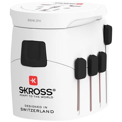 Un adaptateur de voyage blanc de Skross, conçu en Suisse. Il dispose de plusieurs adaptateurs de prises extensibles pour différents pays.