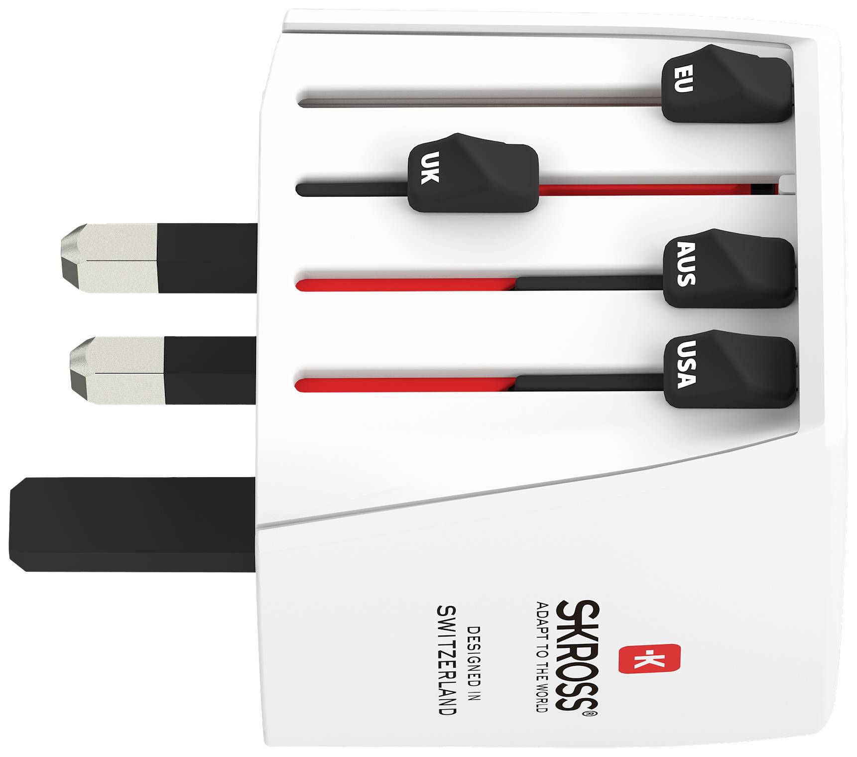 Adaptateur de voyage Skross avec trois fiches extractibles pour l'UE, le Royaume-Uni, l'Australie et les États-Unis.