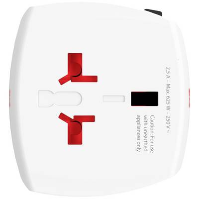 Un adaptateur de voyage blanc avec deux ouvertures de prise et un interrupteur de sécurité. Inscription : « Max 625W, 250V ». Adapté aux applications universelles.