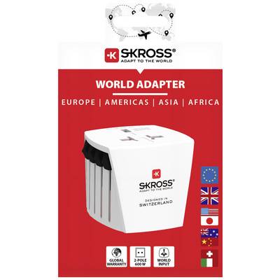 Un adaptateur de voyage blanc de SKROSS pour l'Europe, l'Amérique, l'Asie et l'Afrique. Contient des drapeaux et offre une utilisation mondiale.
