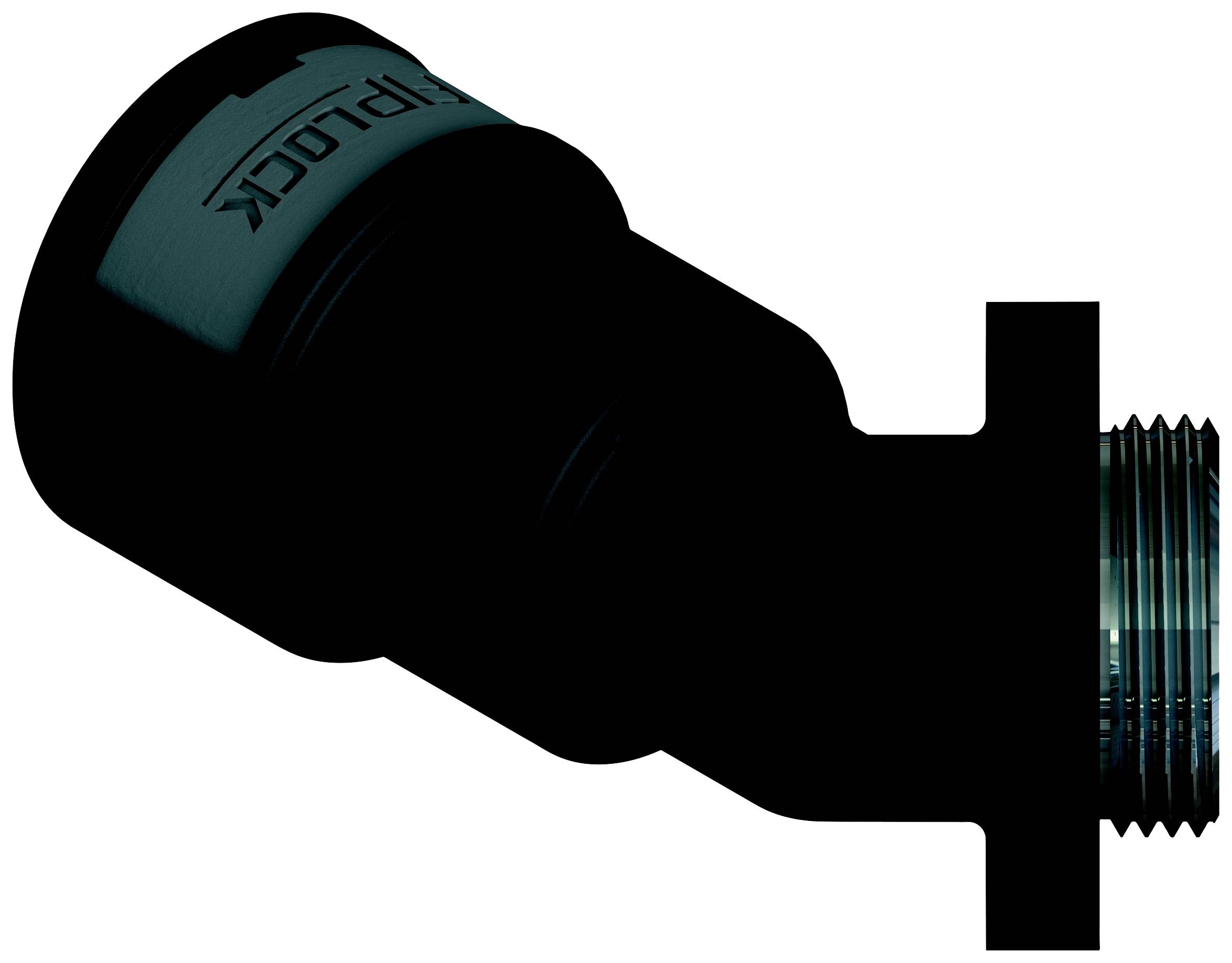 Un adaptateur hydraulique noir avec filetage externe, marqué du logo « IS-LF »