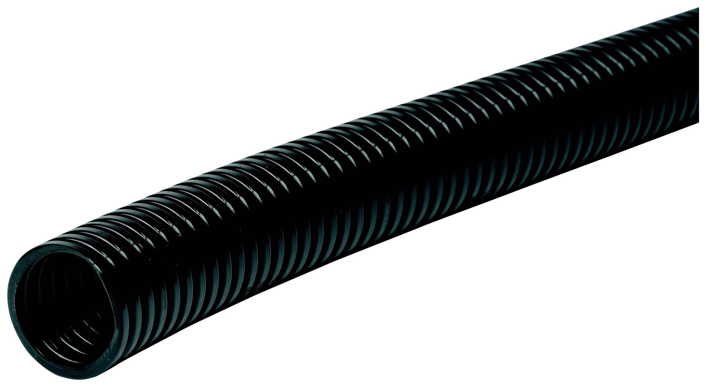Gaine ondulée noire flexible en plastique, légèrement incurvée, destinée à la protection des câbles ou au transport de liquides dans des applications techniques.