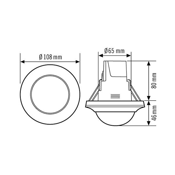 Schéma d'un spot encastrable LED rond, montrant une vue de face et les dimensions latérales : diamètre 108 mm, hauteur 80 mm.