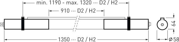 Diagramme d'un objet cylindrique avec dimensions : longueur min. 1190 - max. 1320 mm, largeur 65 mm, hauteur 64 mm, longueur moyenne 1350 mm.
