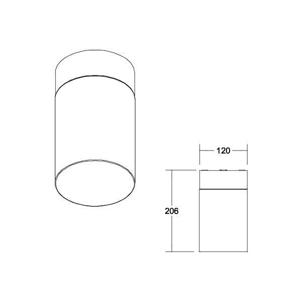 Dessin d'un luminaire cylindrique avec les dimensions suivantes : diamètre 120 mm, hauteur 206 mm.