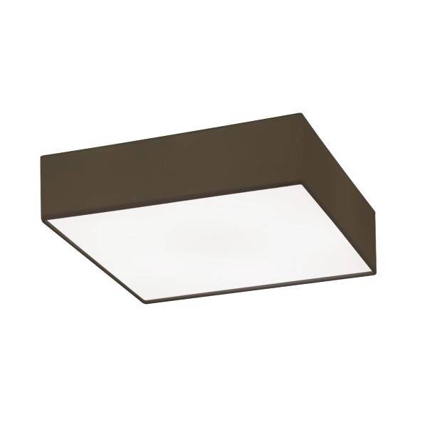 Un plafonnier carré avec un cadre marron et une surface blanche, diffusant une lumière douce.