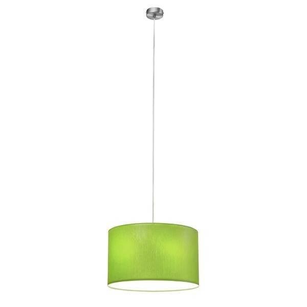 Lampe suspendue verte avec abat-jour rond et suspension argentée dans un design moderne, sur fond blanc.