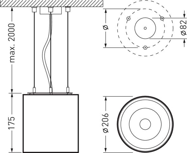 Dessin technique d'un luminaire cylindrique avec dimensions : hauteur max. 2000 mm, diamètre de base 206 mm, diamètre de la plaque de plafond 82 mm.