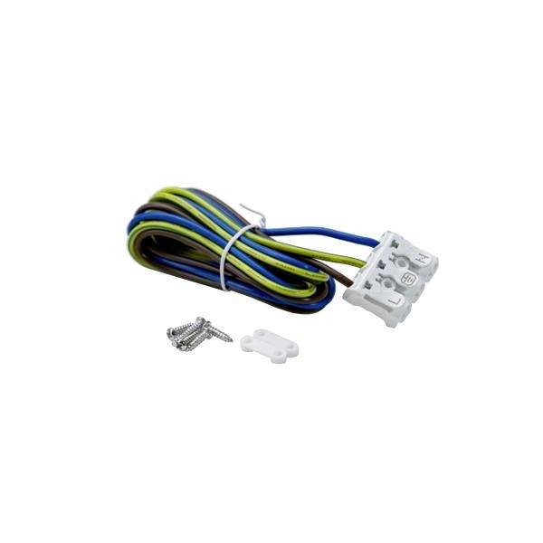 Fils électriques multicolores avec un connecteur blanc, à côté de petites vis et un élément de fixation blanc.