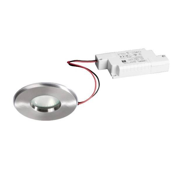 Spot LED rond avec bordure argentée et ballast électronique séparé, relié par des câbles rouges et noirs.