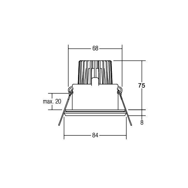 Un dessin technique d'un luminaire encastrable avec dimensions : hauteur 75 mm, largeur 68 mm, profondeur maximale 20 mm, largeur du bord extérieur 84 mm.