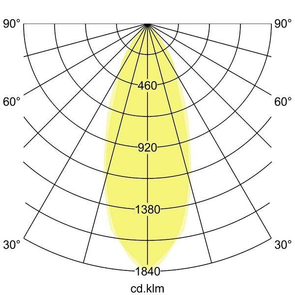 Diagramme polaire montrant la distribution lumineuse d'un luminaire. Intensité maximale au centre, diminuant vers les bords, marquée en Candela.