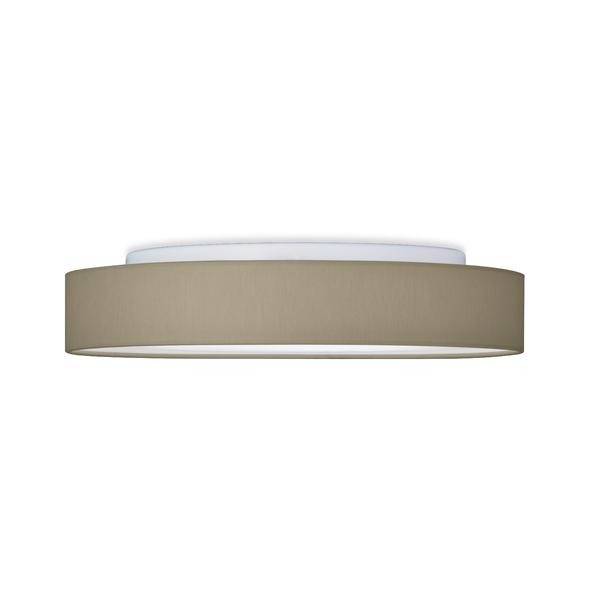Plafonnier avec abat-jour rond de couleur beige, design épuré. Adapté aux salons modernes ou aux bureaux.