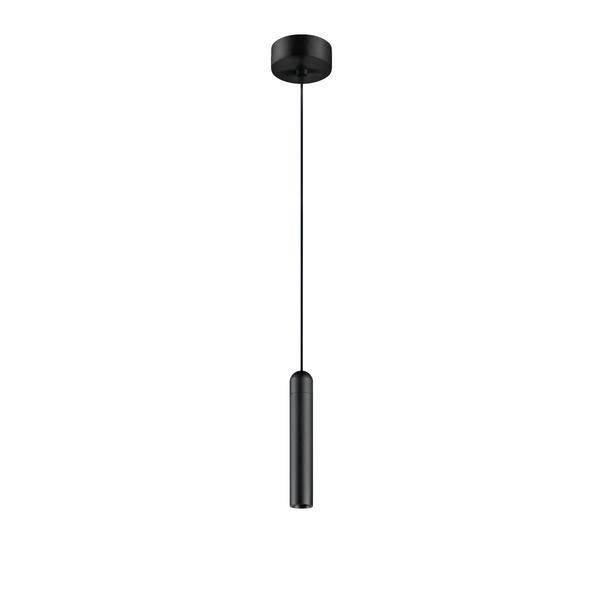 Lampe suspendue noire, cylindrique, avec un design étroit et allongé, fixée à un câble fin, sur un fond blanc.