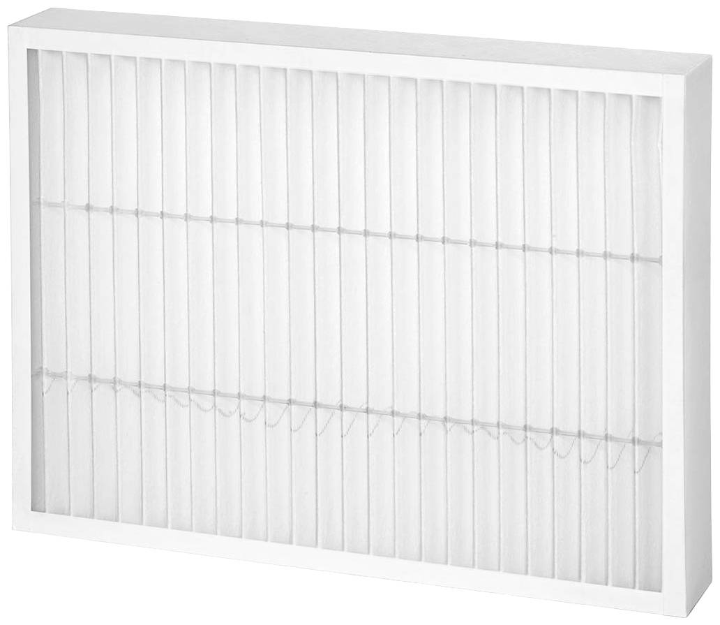 Un filtre à air rectangulaire blanc, doté de lamelles verticales et horizontales fines, utilisé pour purifier l'air.