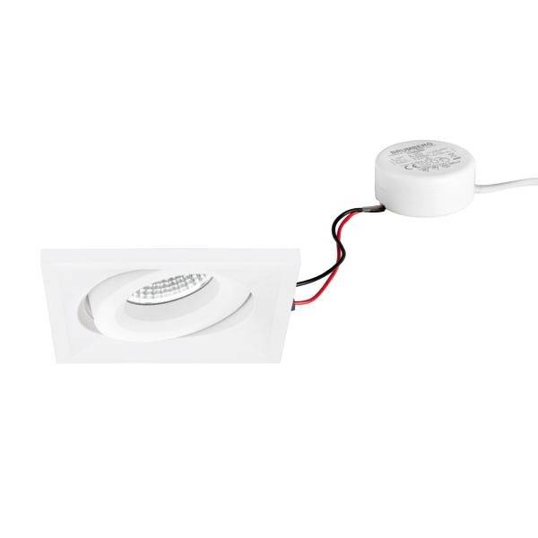Spot encastrable LED carré blanc avec câble et raccordement rond. Adapté pour une installation au plafond. Économe en énergie et au design moderne.