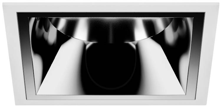 L'image montre un luminaire de plafond rectangulaire avec un cadre métallique brillant et réfléchissant, intégré dans une dalle de plafond blanche.
