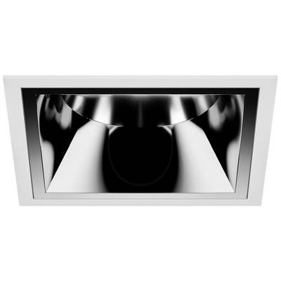 L'image montre un luminaire de plafond rectangulaire avec un cadre métallique brillant et réfléchissant, intégré dans une dalle de plafond blanche.